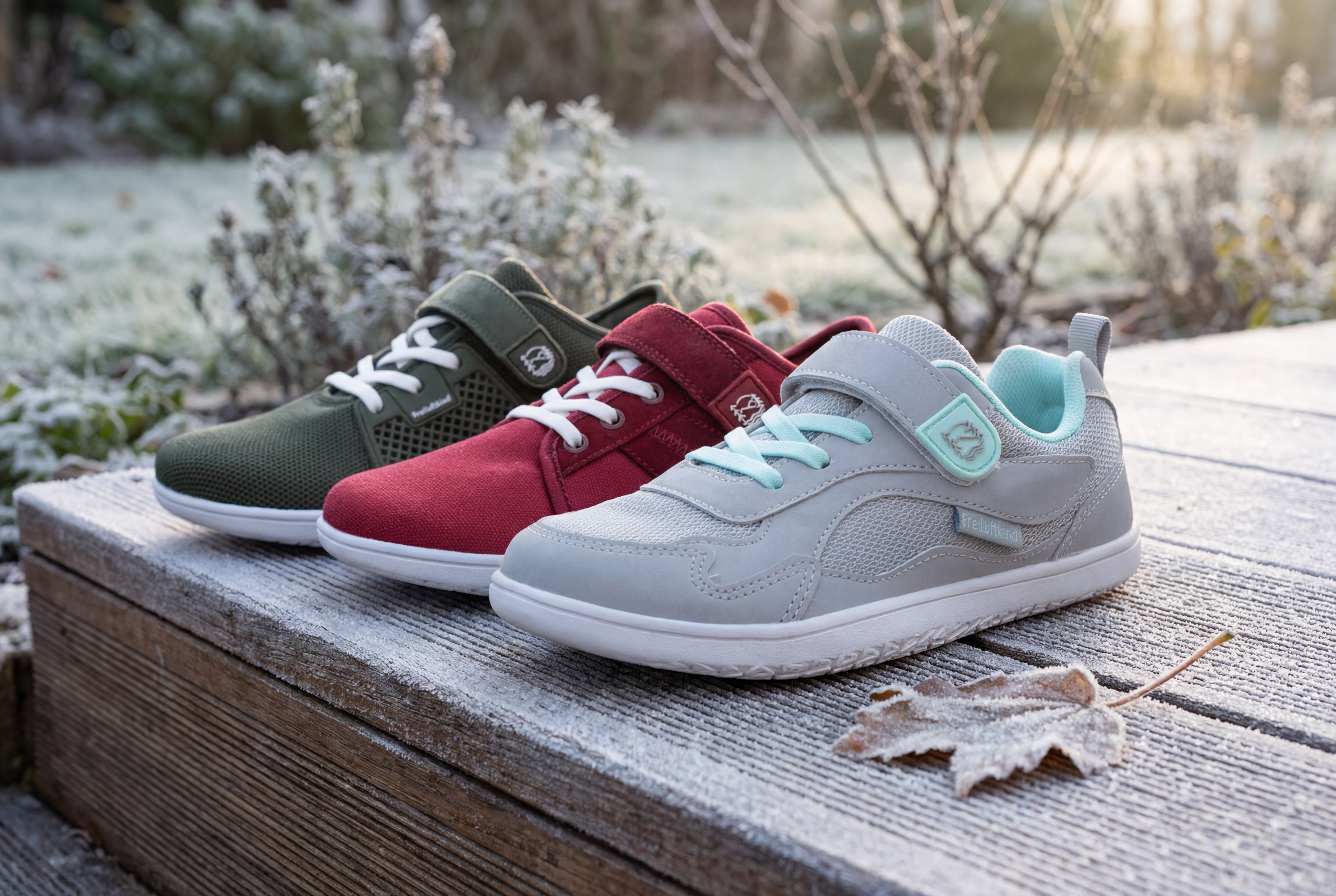 Everest Kids, Baker Kids und Hokkaido Kids Barfußschuhe nebeneinander auf frostiger Holzstufe im Winterlicht