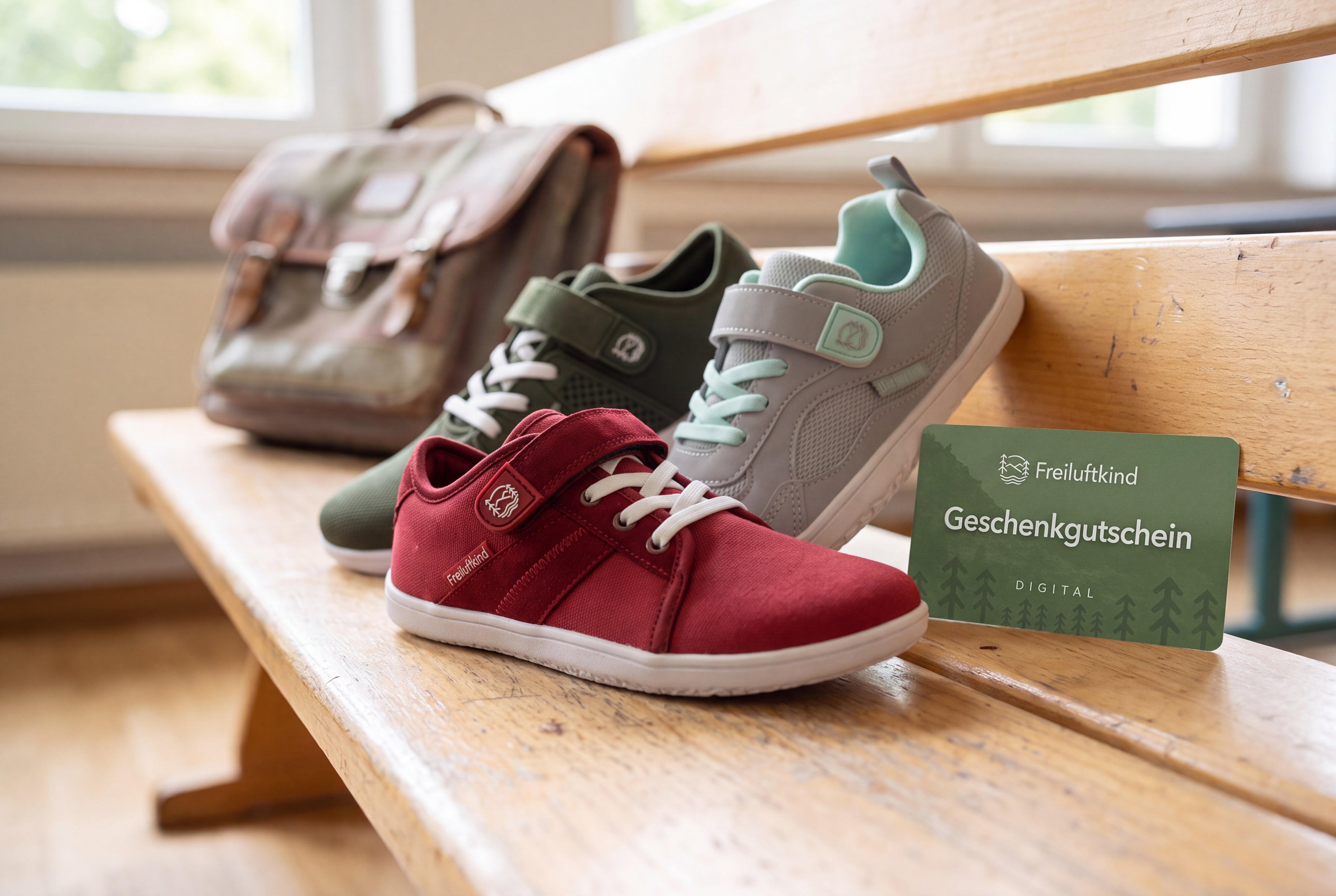 Baker Kids, Hokkaido Kids und Everest Kids Barfußschuhe mit Freiluftkind Geschenkgutschein auf Schulbank zur Einschulung