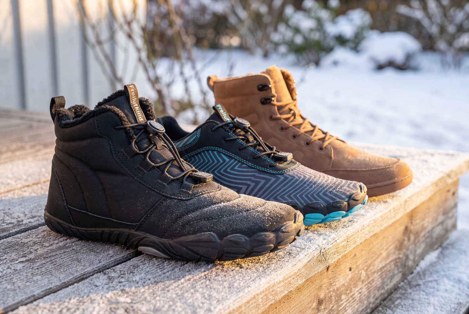 Kepler, Overland und Inka Winter-Barfußschuhe nebeneinander auf verschneiter Holzstufe